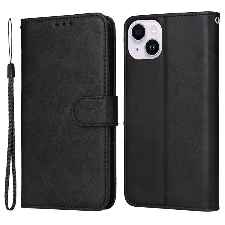 Pour iPhone 15 Anti-Scratch PU Leather Wallet Phone Case Calf Texture Flip Stand Cover - Noir