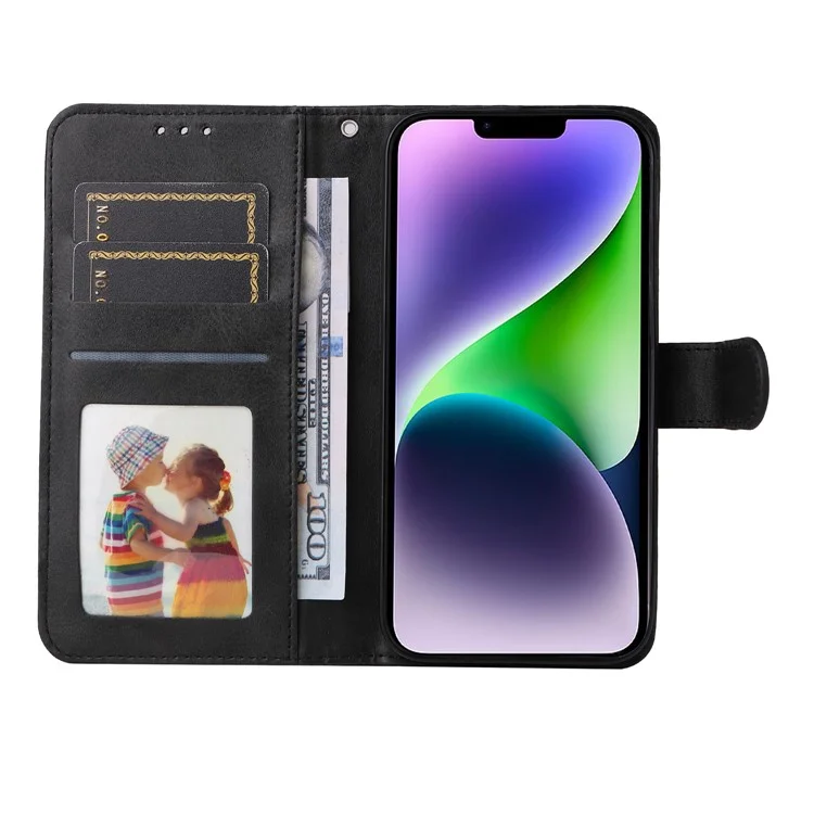 Pour iPhone 15 Anti-Scratch PU Leather Wallet Phone Case Calf Texture Flip Stand Cover - Noir