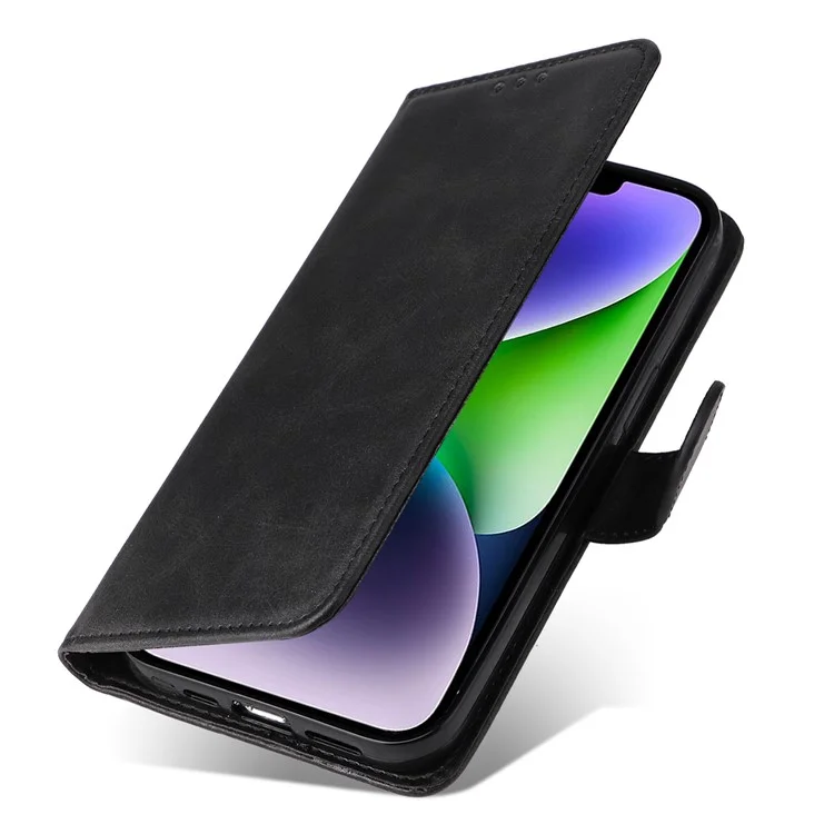 Pour iPhone 15 Anti-Scratch PU Leather Wallet Phone Case Calf Texture Flip Stand Cover - Noir