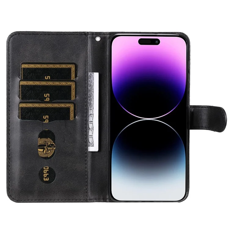 Étui portefeuille en cuir de veau texturé antirayures pour iPhone 15 Pro Max avec poche à fermeture éclair et support pliable - Noir