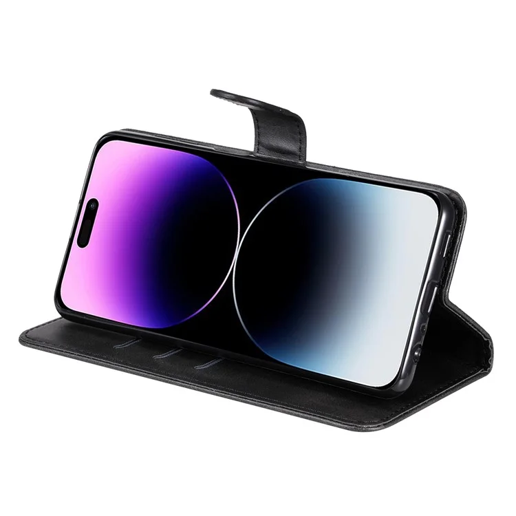 Étui portefeuille en cuir de veau texturé antirayures pour iPhone 15 Pro Max avec poche à fermeture éclair et support pliable - Noir