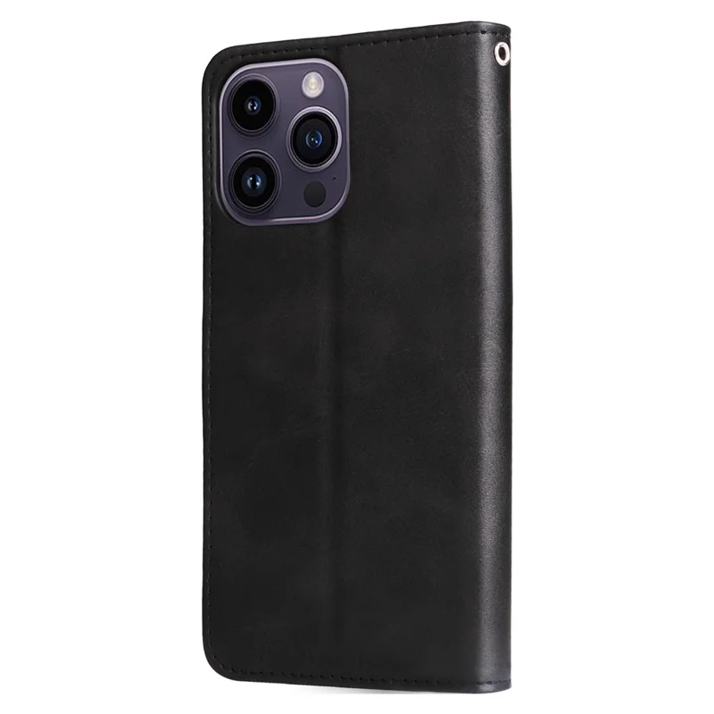 Étui portefeuille en cuir de veau texturé antirayures pour iPhone 15 Pro Max avec poche à fermeture éclair et support pliable - Noir