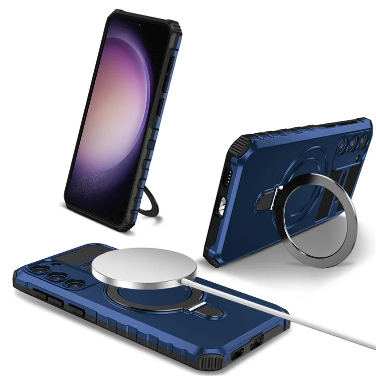 For Samsung Galaxy S23 Ring Kickstand Phone Case Shockproof PC+TPU Magnetic Cover - Blue
