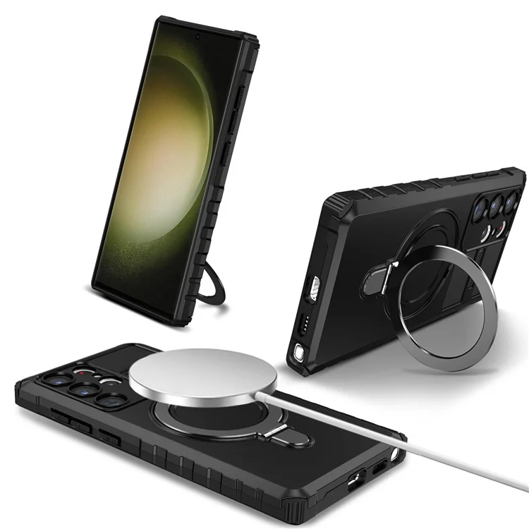 For Samsung Galaxy S23 Ultra PC+TPU Phone Case Magnetic Finger Grip Kickstand Cover - Black