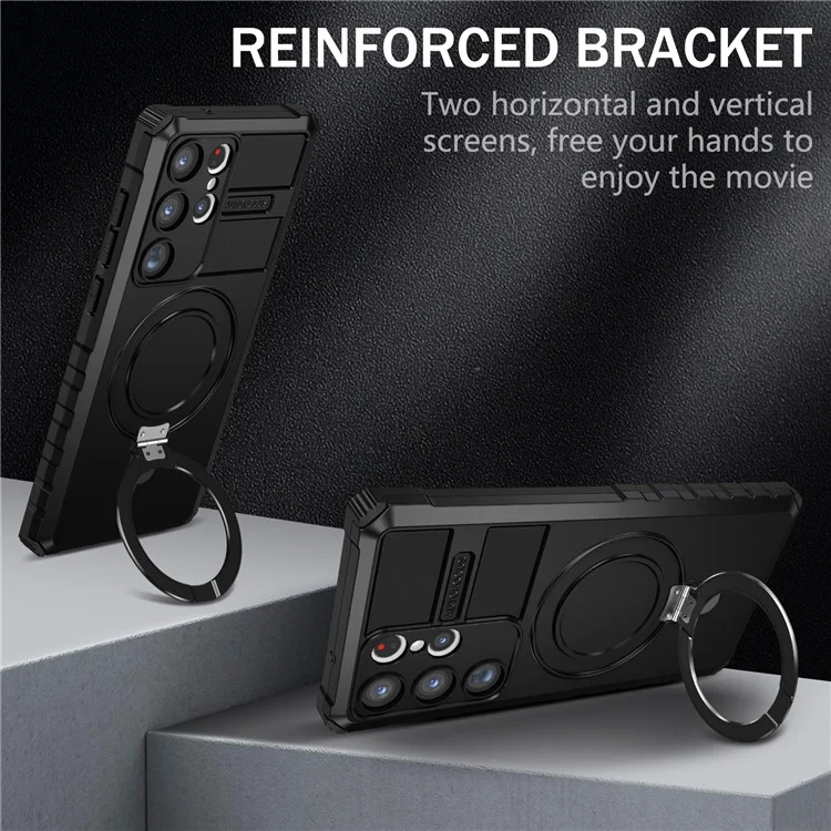 For Samsung Galaxy S23 Ultra PC+TPU Phone Case Magnetic Finger Grip Kickstand Cover - Black