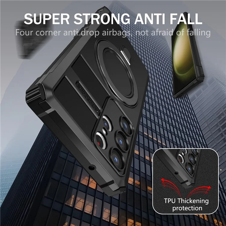 For Samsung Galaxy S23 Ultra PC+TPU Phone Case Magnetic Finger Grip Kickstand Cover - Black