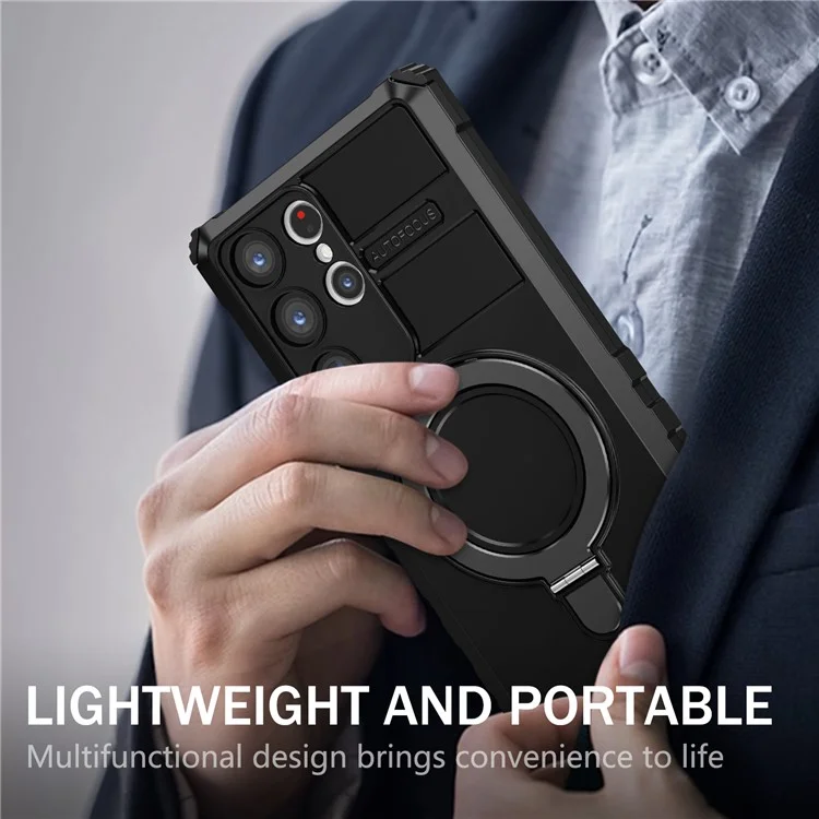 For Samsung Galaxy S23 Ultra PC+TPU Phone Case Magnetic Finger Grip Kickstand Cover - Black