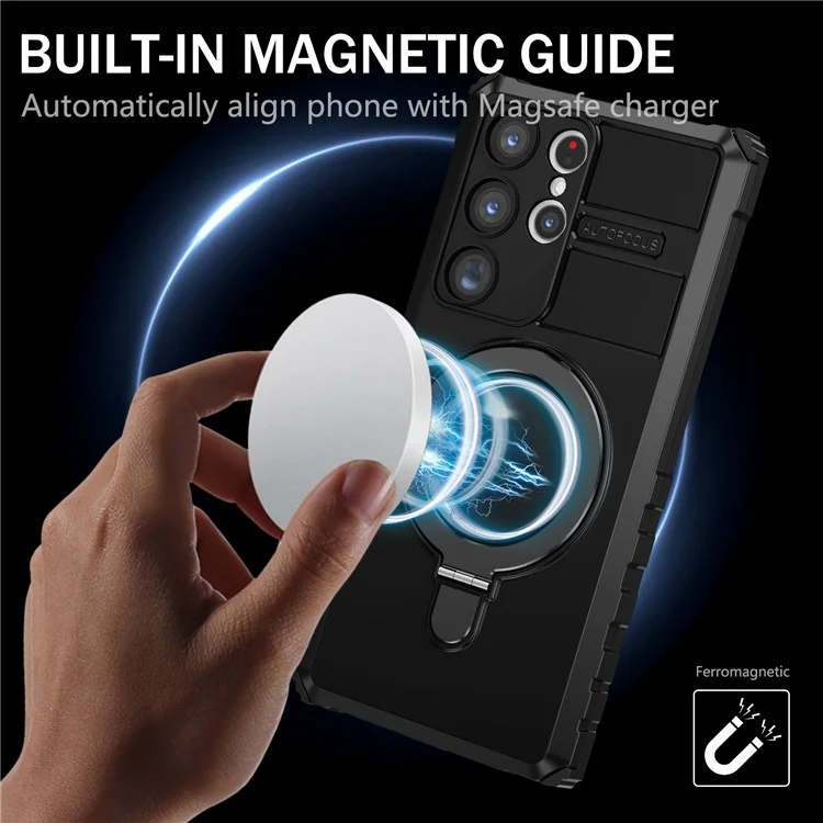 For Samsung Galaxy S23 Ultra PC+TPU Phone Case Magnetic Finger Grip Kickstand Cover - Black