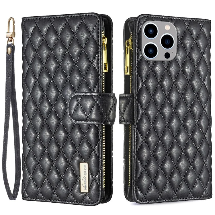 BINFEN COLOR BF Style-15 Para iPhone 15 Pro Max Wallet Phone Stand Shell Flip Case Zipper Pocket Funda de Cuero - Negro