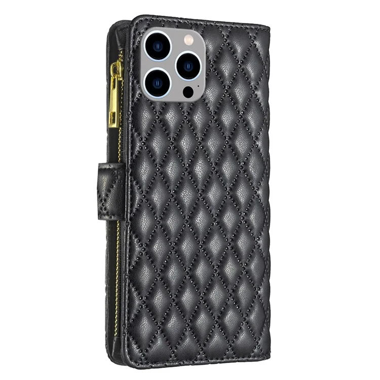 BINFEN COLOR BF Style-15 Para iPhone 15 Pro Max Wallet Phone Stand Shell Flip Case Zipper Pocket Funda de Cuero - Negro