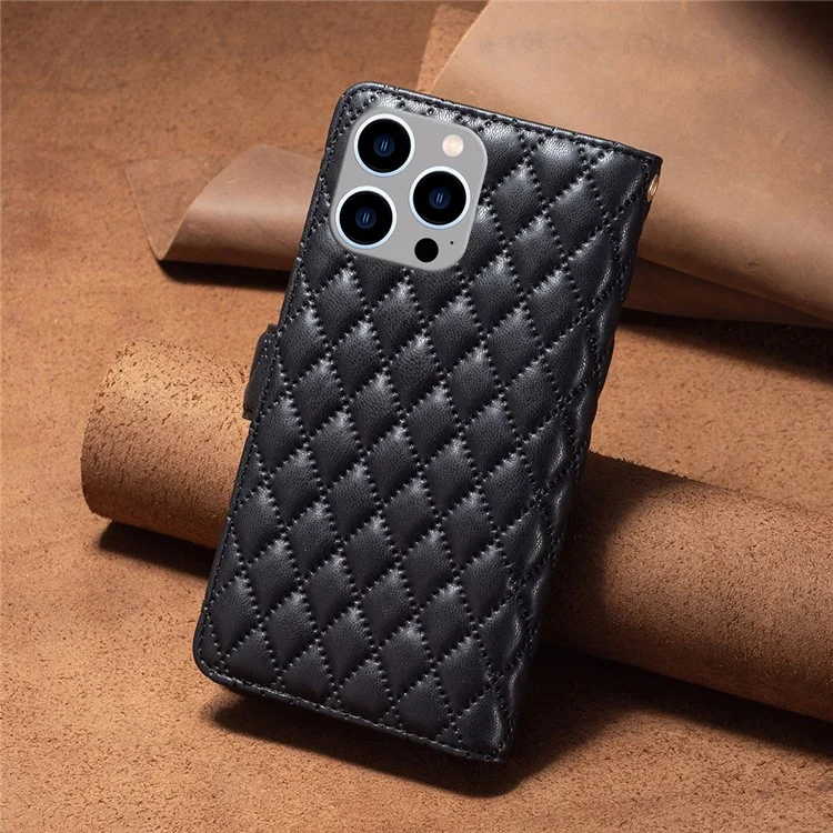 BINFEN COLOR BF Style-15 Para iPhone 15 Pro Max Wallet Phone Stand Shell Flip Case Zipper Pocket Funda de Cuero - Negro