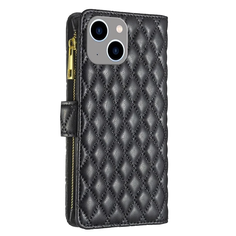 BINFEN COLOR BF Style-15 Para iPhone 15 Carteira Capa Flip Case Bolso com Zíper Capa de Couro - Preto