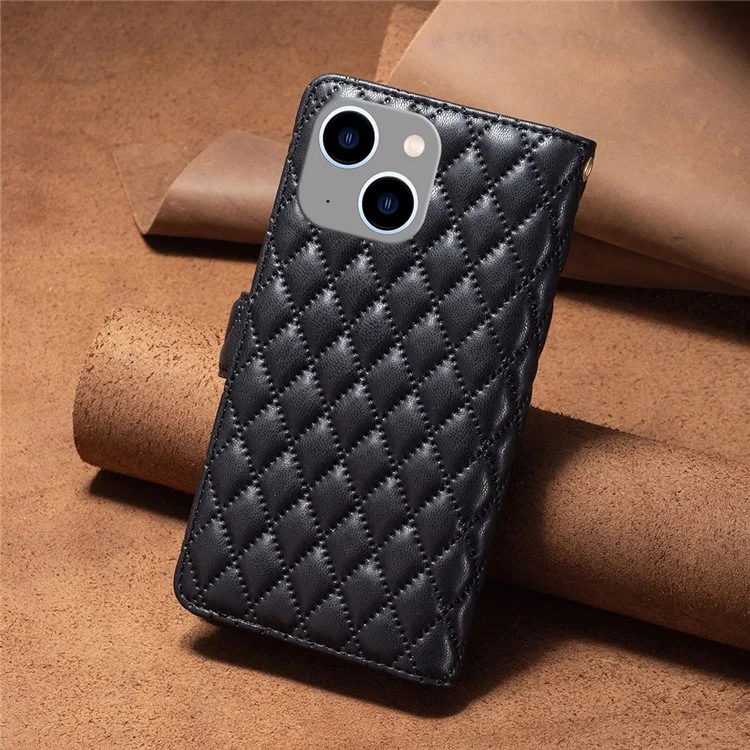 BINFEN COLOR BF Style-15 Para iPhone 15 Carteira Capa Flip Case Bolso com Zíper Capa de Couro - Preto