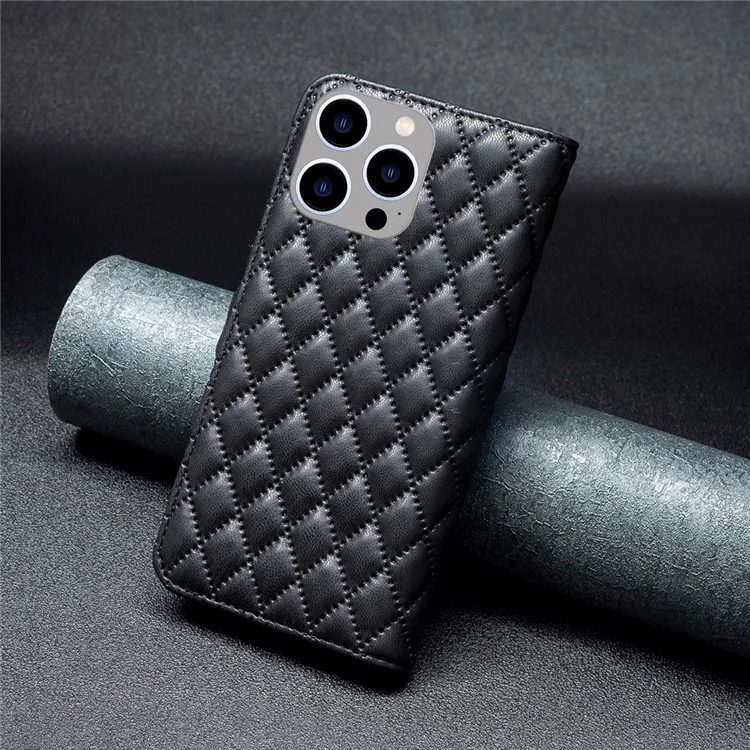 BINFEN COLOR BF Style-14 for iPhone 15 Pro Imprinted Stand Phone Wallet Shell Leather Case Smartphone Cover - Black