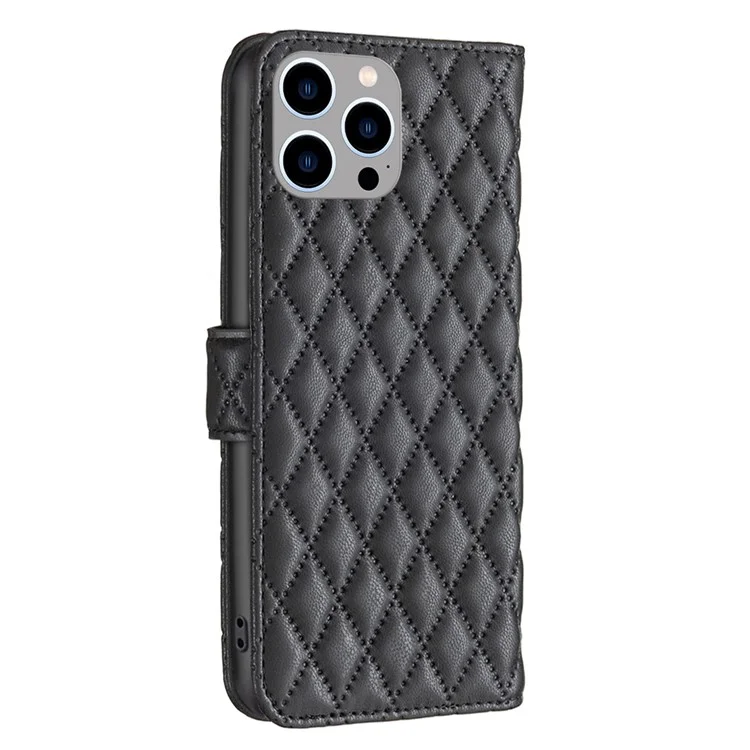 BINFEN COLOR BF Style-14 for iPhone 15 Pro Imprinted Stand Phone Wallet Shell Leather Case Smartphone Cover - Black