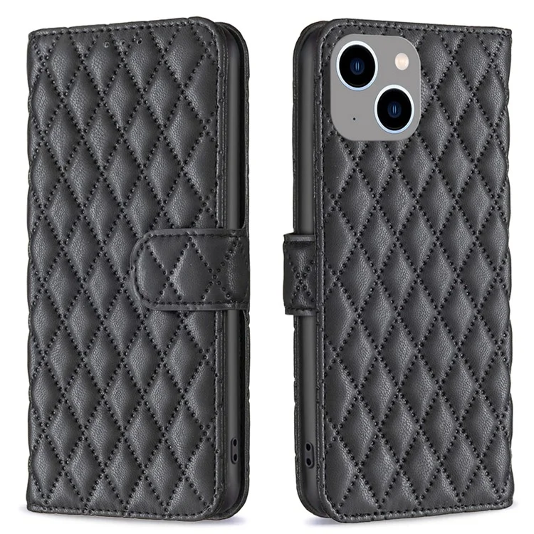 BINFEN COLOR BF Style-14 para iPhone 15 Capa de telefone celular antirrisco Imprensa Suporte Carteira de couro Smartphone - Preto
