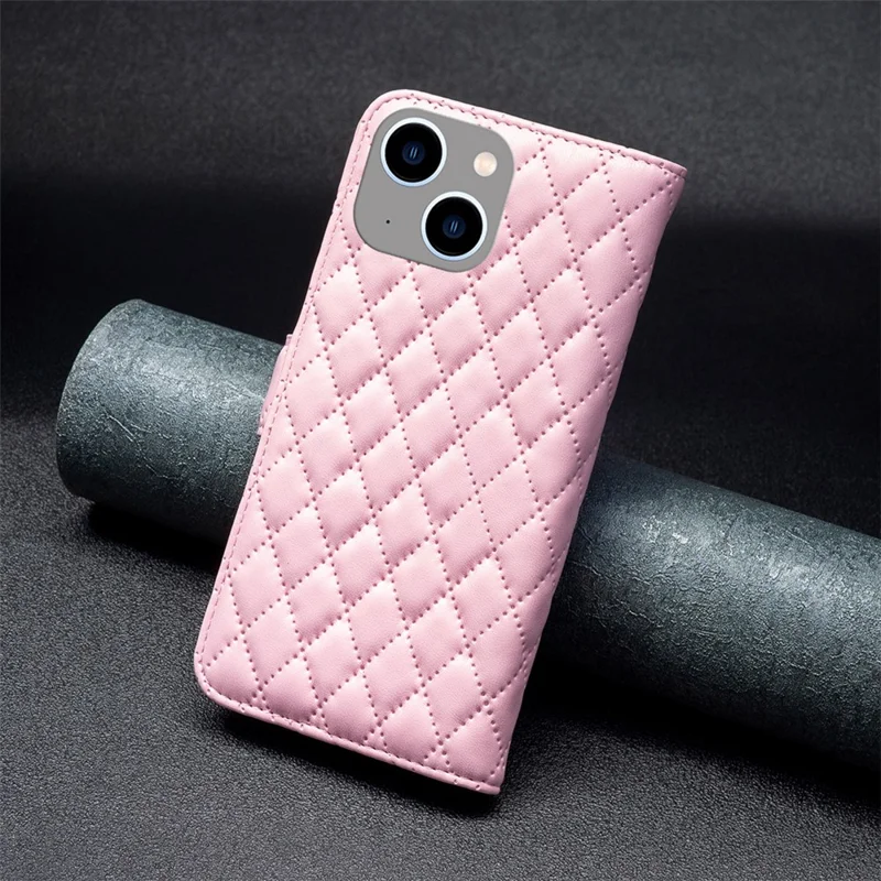 BINFEN COLOR BF Style-14 for iPhone 15 Anti-Scratch Cell Phone Shell Imprinted Stand Leather Wallet Smartphone Cover - Pink
