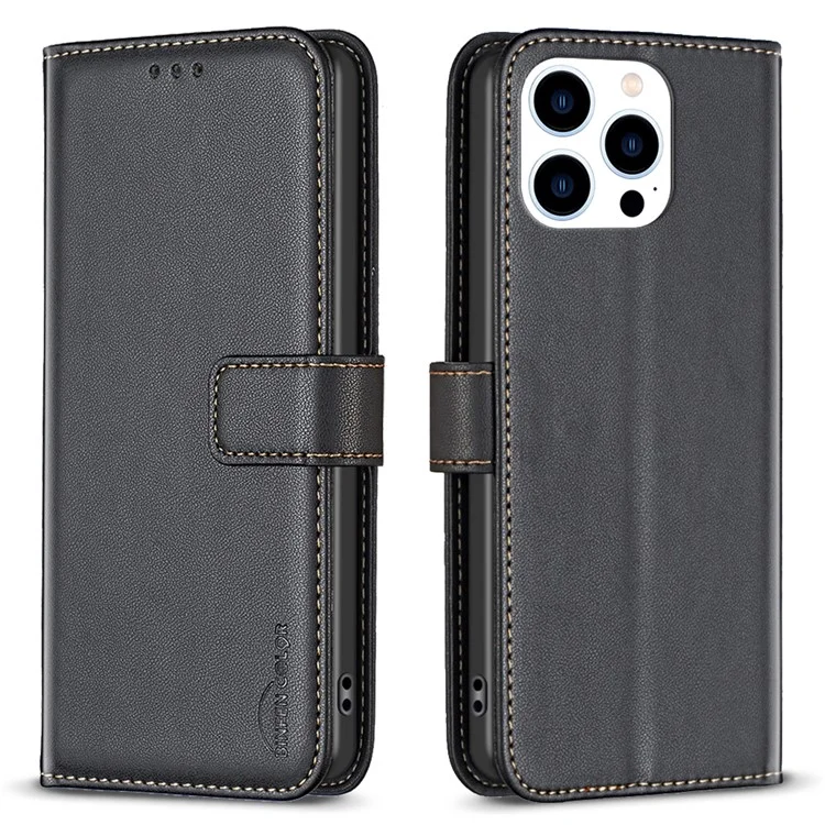 BINFEN COLOR BF17 Pour iPhone 15 Pro Stand Design Housse de téléphone Ultra-Light Wallet TPU+PU Leather Phone Case - Noir
