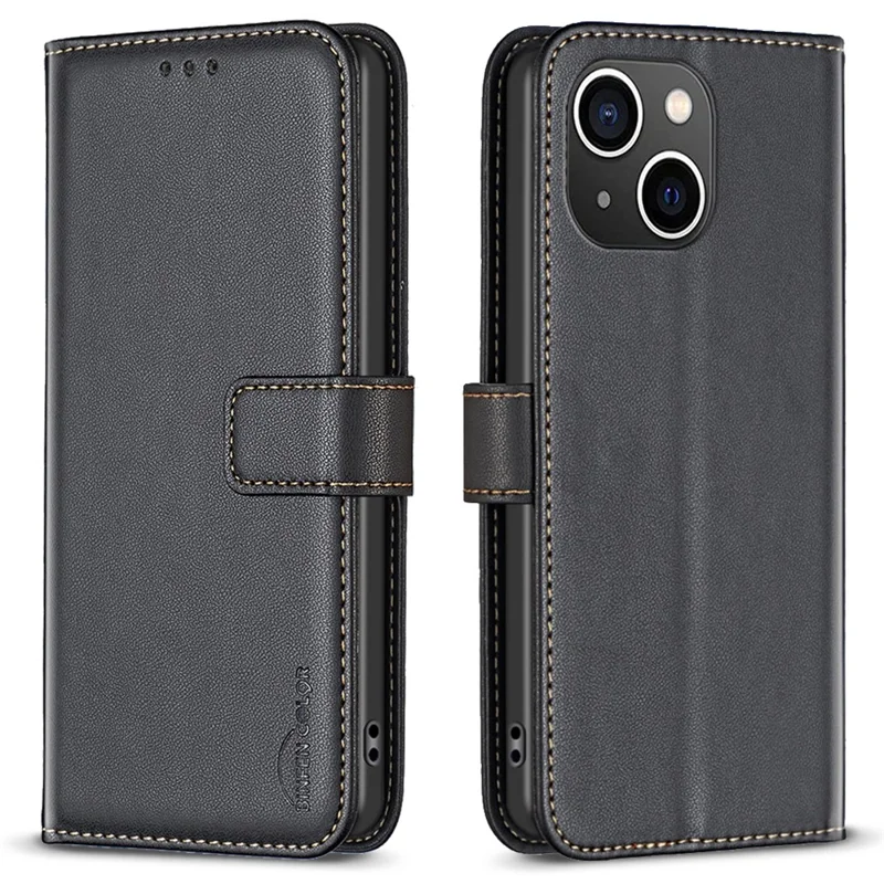 BINFEN COLOR BF17 For iPhone 15 Phone Cover Stand Design Wallet TPU+PU Leather Phone Case - Black