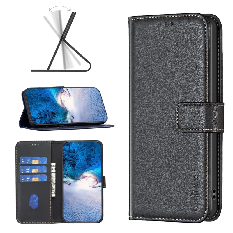 BINFEN COLOR BF17 For iPhone 15 Phone Cover Stand Design Wallet TPU+PU Leather Phone Case - Black