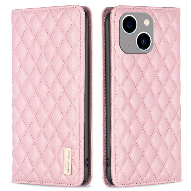 BINFEN COLOR BF Style-16 pour étui de téléphone avec porte-cartes pour iPhone 15 Plus, étui en cuir PU antichute - Rose