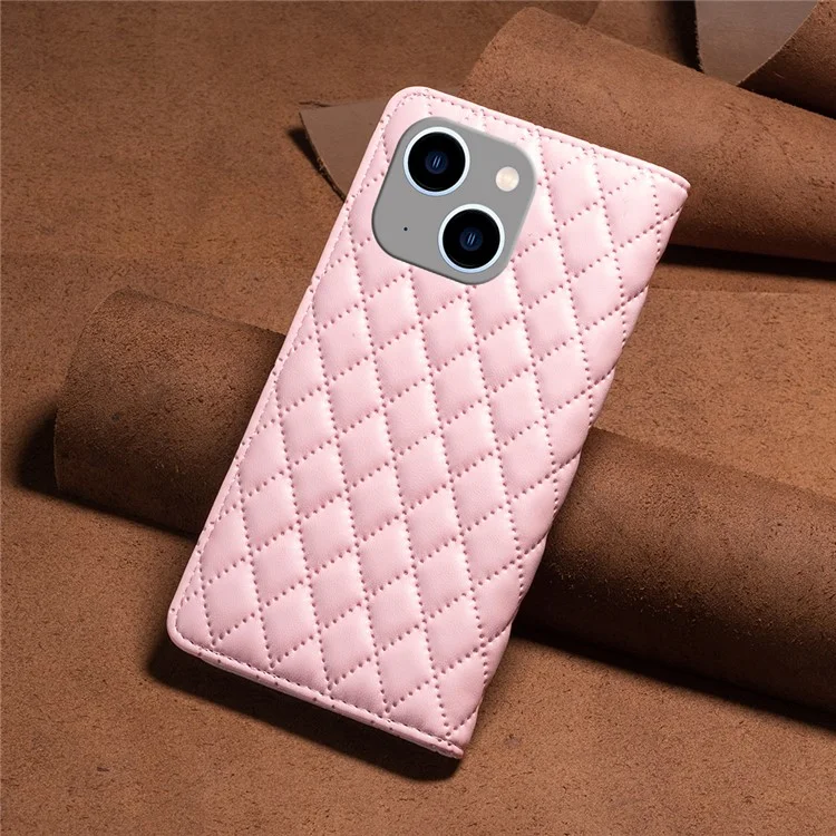 BINFEN COLOR BF Style-16 pour étui de téléphone avec porte-cartes pour iPhone 15 Plus, étui en cuir PU antichute - Rose