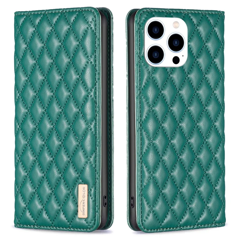 BINFEN COLOR BF Style-16 для iPhone 15 Pro Чехол из искусственной кожи с подставкой, противоударный, с держателем для карт - зеленый