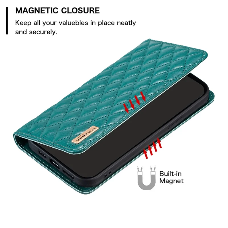 BINFEN COLOR BF Style-16 для iPhone 15 Pro Чехол из искусственной кожи с подставкой, противоударный, с держателем для карт - зеленый