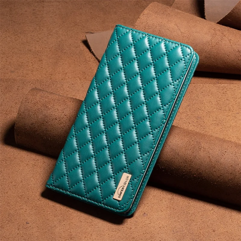 BINFEN COLOR BF Style-16 для iPhone 15 Pro Чехол из искусственной кожи с подставкой, противоударный, с держателем для карт - зеленый