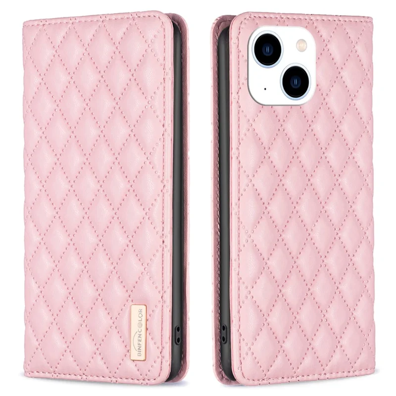 BINFEN COLOR BF Style-16 For iPhone 15 Phone Case Anti-drop PU Leather Stand Shell with Card Slots - Pink