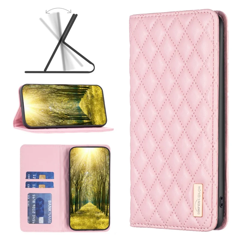 BINFEN COLOR BF Style-16 For iPhone 15 Phone Case Anti-drop PU Leather Stand Shell with Card Slots - Pink