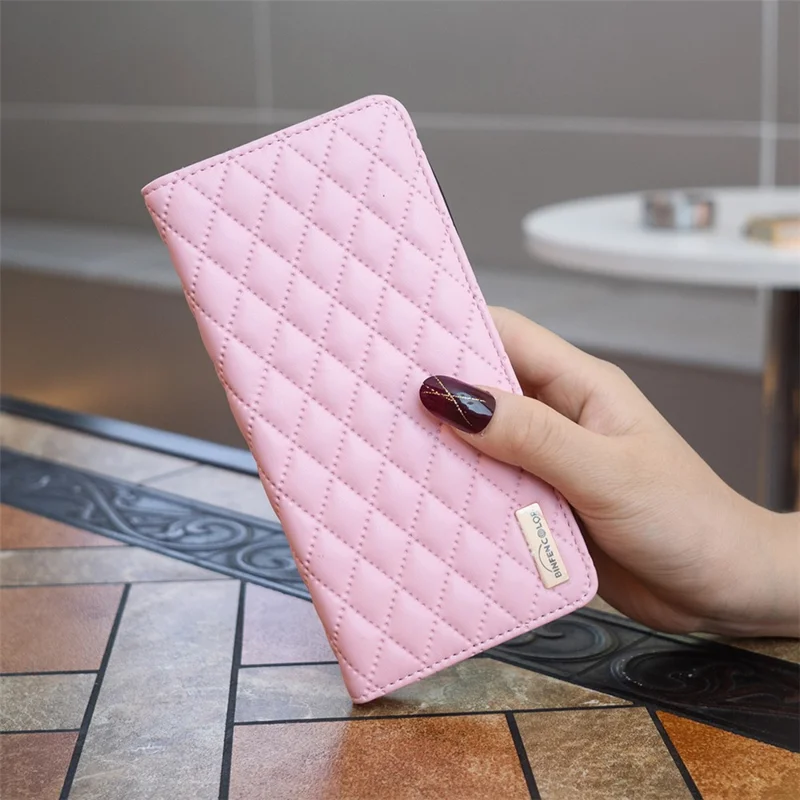 BINFEN COLOR BF Style-16 For iPhone 15 Phone Case Anti-drop PU Leather Stand Shell with Card Slots - Pink