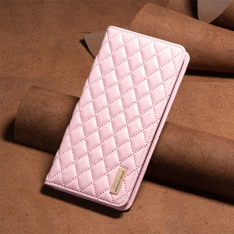 BINFEN COLOR BF Style-16 For iPhone 15 Phone Case Anti-drop PU Leather Stand Shell with Card Slots - Pink