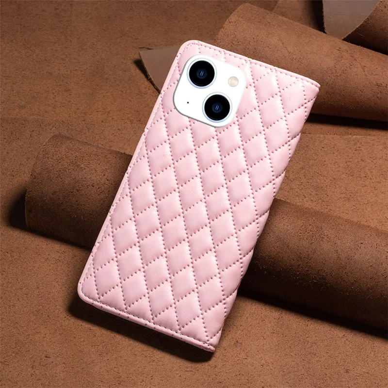 BINFEN COLOR BF Style-16 For iPhone 15 Phone Case Anti-drop PU Leather Stand Shell with Card Slots - Pink