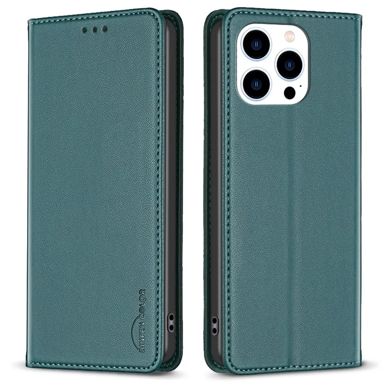 BINFEN COLOR BF18 Protective Case for iPhone 15 Pro Leather Stand Phone Cover with Card Slots - Green
