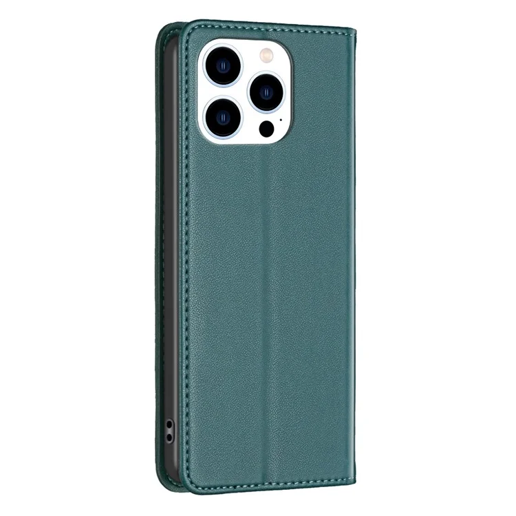 BINFEN COLOR BF18 Protective Case for iPhone 15 Pro Leather Stand Phone Cover with Card Slots - Green