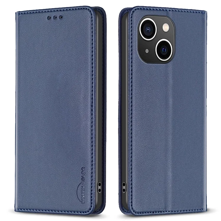 BINFEN COLOR BF18 For iPhone 15 PU Leather Card Holder Cover Flip Stand Phone Case - Blue