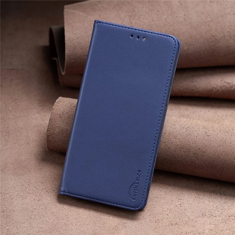 BINFEN COLOR BF18 For iPhone 15 PU Leather Card Holder Cover Flip Stand Phone Case - Blue