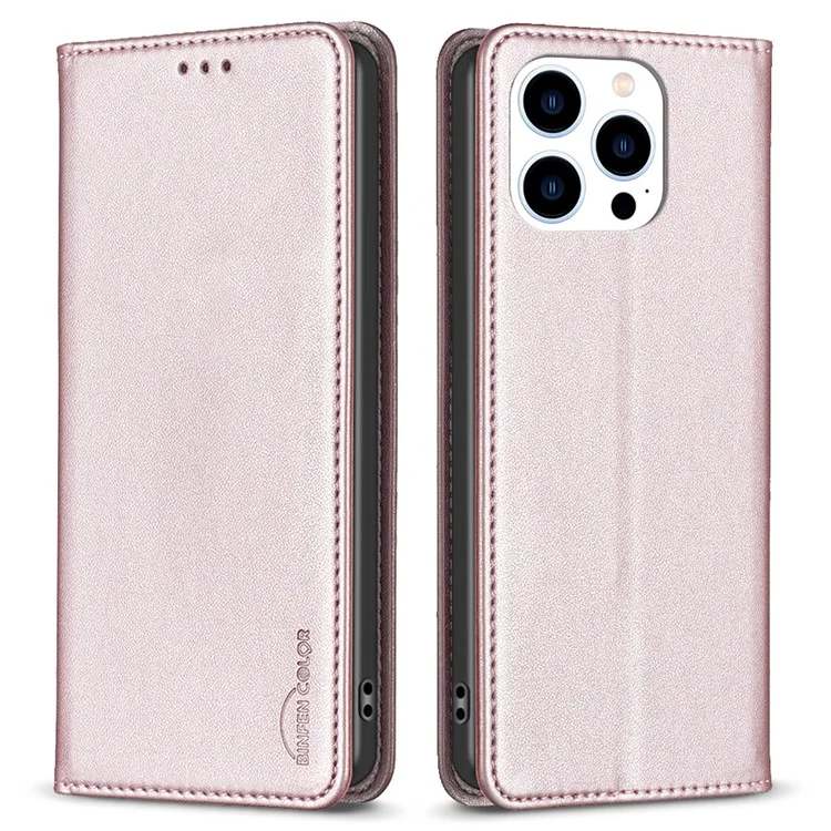 BINFEN COLOR BF18 Para iPhone 15 Pro Max Capa Protetora de Couro PU Antichoque Porta-Cartões com Suporte - Rose Gold