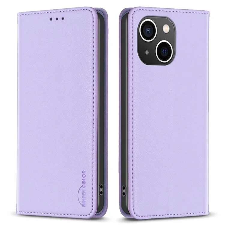 BINFEN COLOR BF18 PU Leather Cover for iPhone 15 Plus Card Holder Phone Case with Stand - Purple