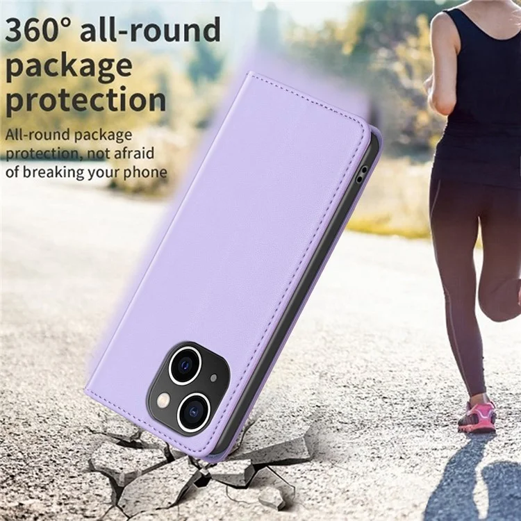 BINFEN COLOR BF18 PU Leather Cover for iPhone 15 Plus Card Holder Phone Case with Stand - Purple