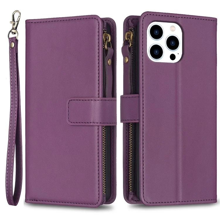 BF Style-19 Para iPhone 15 Pro Zipper Pocket PU Leather Case Wallet Stand Phone Cover - Roxo Escuro