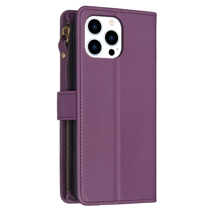 BF Style-19 Para iPhone 15 Pro Zipper Pocket PU Leather Case Wallet Stand Phone Cover - Roxo Escuro