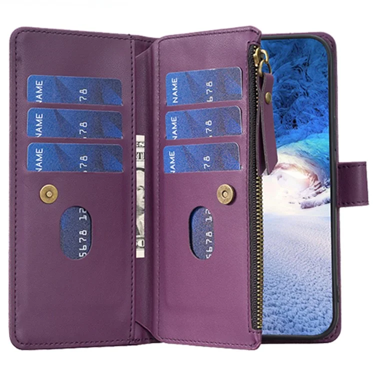 BF Style-19 Para iPhone 15 Pro Zipper Pocket PU Leather Case Wallet Stand Phone Cover - Roxo Escuro