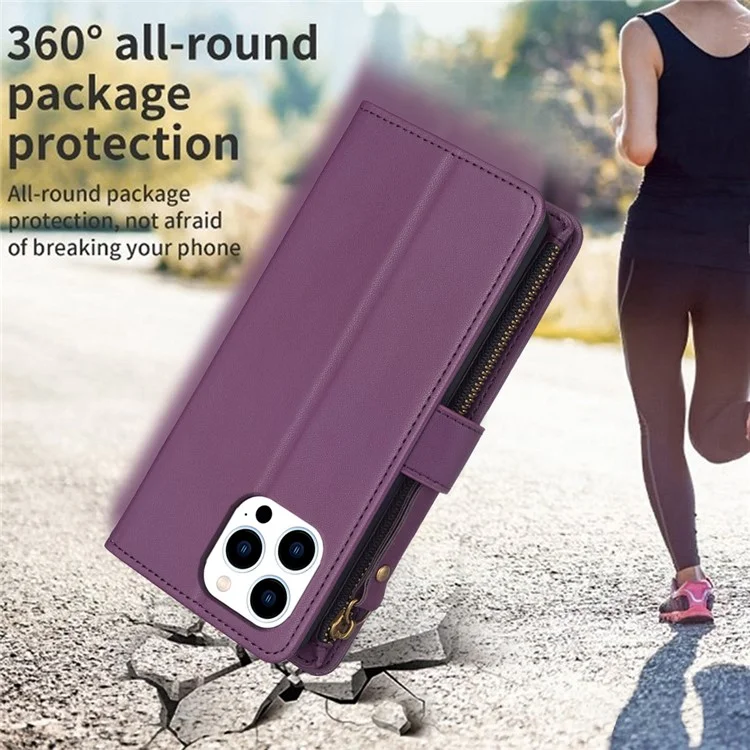 BF Style-19 Para iPhone 15 Pro Zipper Pocket PU Leather Case Wallet Stand Phone Cover - Roxo Escuro