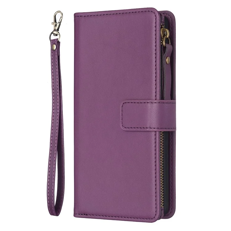 BF Style-19 Para iPhone 15 Pro Zipper Pocket PU Leather Case Wallet Stand Phone Cover - Roxo Escuro