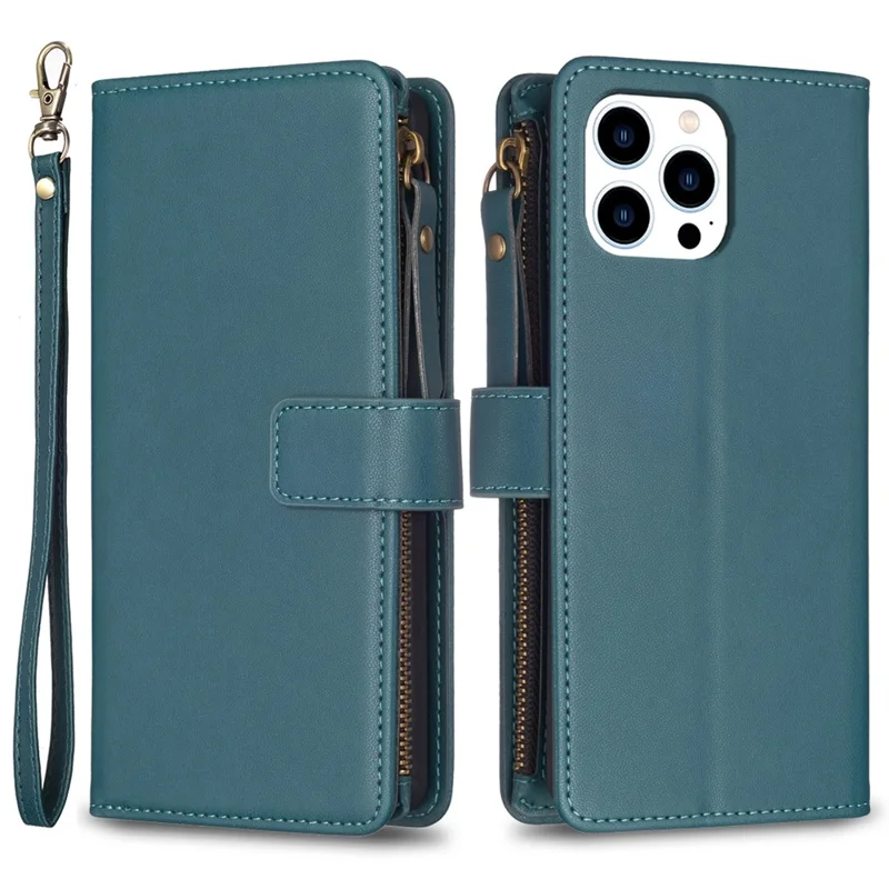 BF Style-19 Für iPhone 15 Pro Reißverschlusstaschen-Lederhülle Geldbörse Ständer Telefonabdeckung - Grün