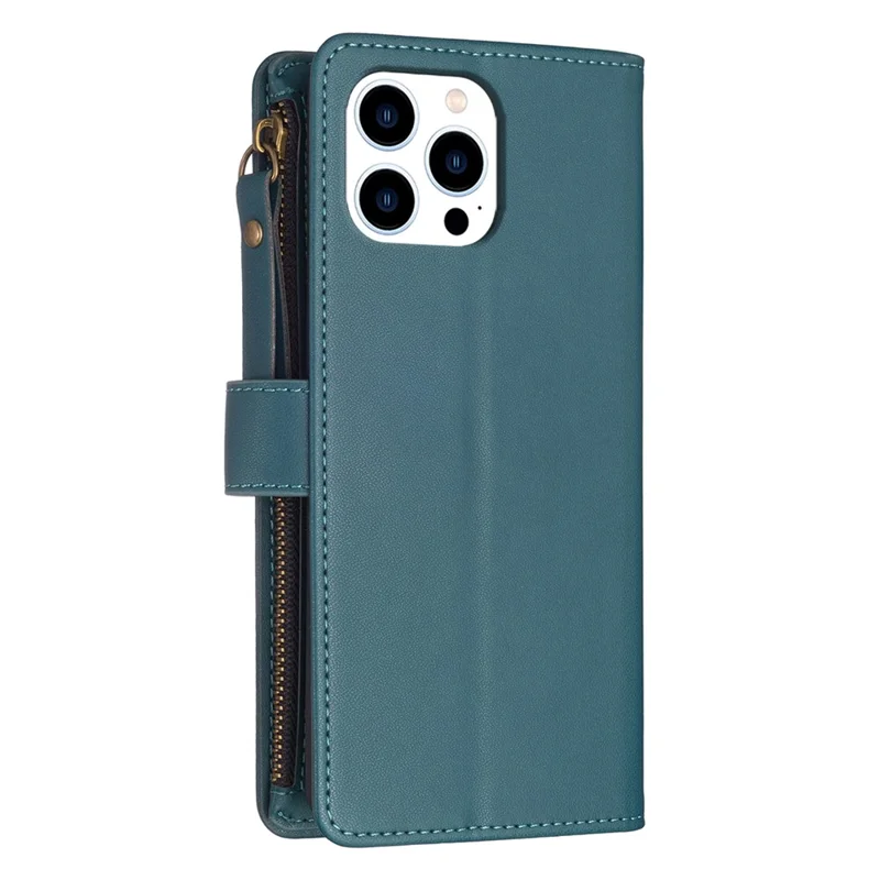 BF Style-19 Für iPhone 15 Pro Reißverschlusstaschen-Lederhülle Geldbörse Ständer Telefonabdeckung - Grün