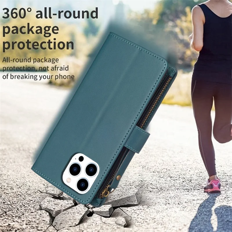 BF Style-19 Für iPhone 15 Pro Reißverschlusstaschen-Lederhülle Geldbörse Ständer Telefonabdeckung - Grün
