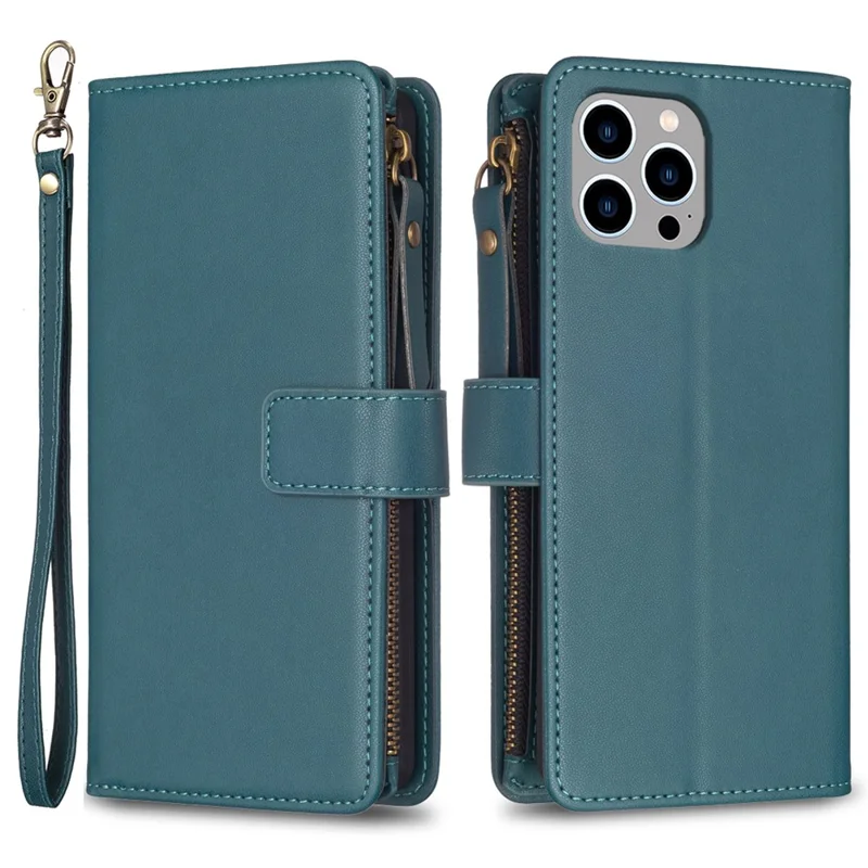 BF Style-19 For iPhone 15 Pro Max PU Leather Phone Case Flip Wallet Stand Cover with Zipper Pocket - Green